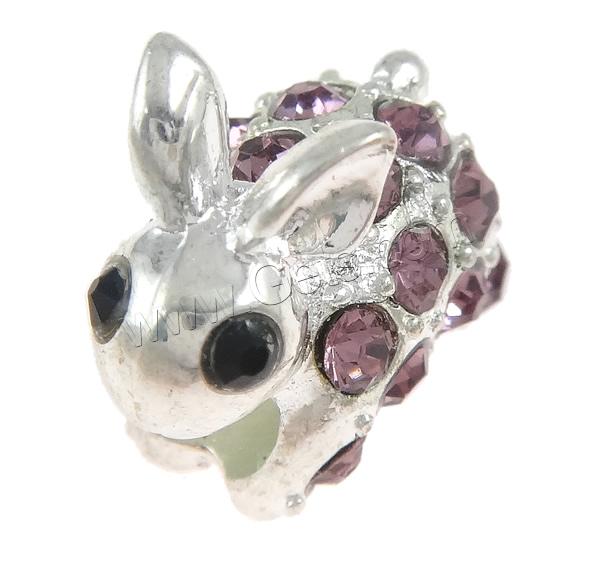 Rhinestone Zinc Alloy European Beads, Rabbit, plated, Customized & without troll & with rhinestone, more colors for choice, 10x15x16mm, Hole:Approx 5mm, Sold By PC