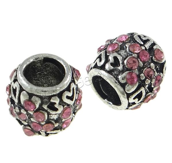 Rhinestone Zinc Alloy European Beads, Drum, plated, Customized & without troll & with rhinestone, more colors for choice, 10x9mm, Hole:Approx 4.5mm, Sold By PC