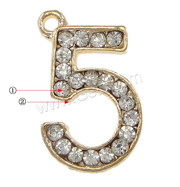 Zinc Alloy Number Pendant, Number 5, plated, Customized & with rhinestone, more colors for choice, nickel, lead & cadmium free, 12x19x2mm, Hole:Approx 1.5mm, Sold By PC