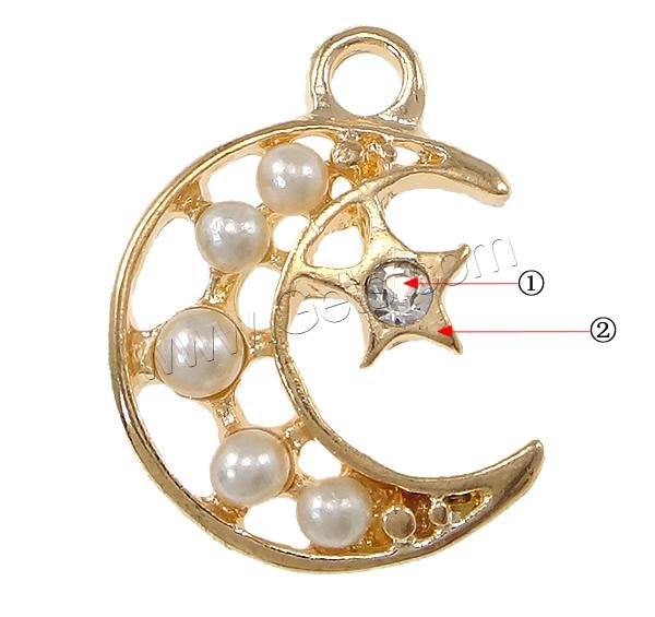 Glass Pearl Zinc Alloy Pendants, with Glass Pearl, Moon, plated, Customized & with rhinestone, more colors for choice, nickel, lead & cadmium free, 14x19x3mm, Hole:Approx 2mm, Sold By PC