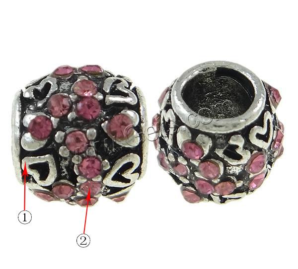 Rhinestone Zinc Alloy European Beads, Drum, plated, Customized & without troll & with rhinestone, more colors for choice, 10x9mm, Hole:Approx 4.5mm, Sold By PC