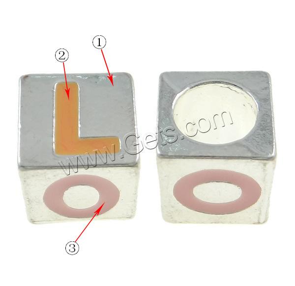 Zinc Alloy European Alphabet Beads, Cube, plated, Customized & with letter pattern & without troll & enamel, more colors for choice, 9x9mm, Hole:Approx 6mm, Sold By PC