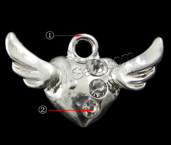 Colgantes de Aleación de Zinc en Forma de Corazón, Corazón con alas, chapado, Modificado para requisitos particulares & con diamantes de imitación, más colores para la opción, 19x12.5x3.5mm, agujero:aproximado 2mm, Vendido por UD