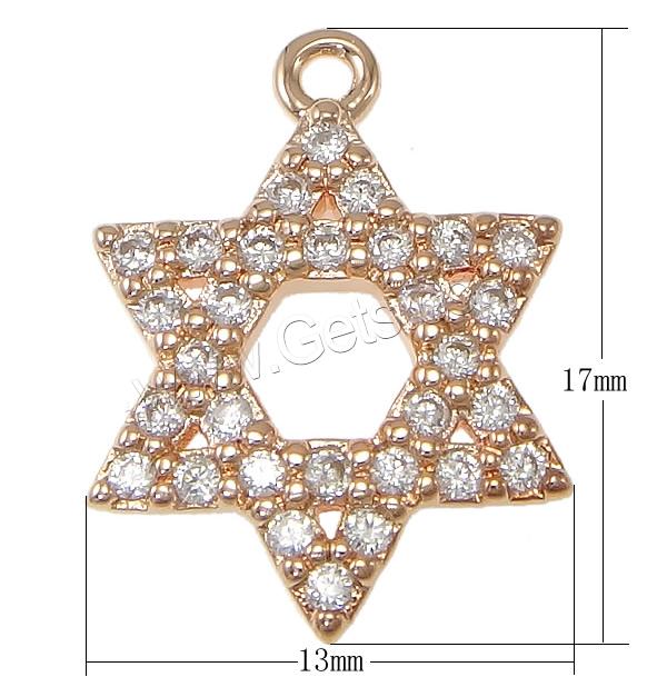 Cubic Zirconia Micro Pave Brass Pendant, Star of David, plated, Judaism Jewelry & micro pave cubic zirconia, more colors for choice, 13x17x2mm, Hole:Approx 1mm, Sold By PC