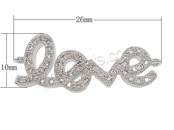 Cubic Zirconia Micro Pave Brass Connector, word love, plated, micro pave cubic zirconia & 1/1 loop, more colors for choice, 26x10x2mm, Hole:Approx 0.5mm, Sold By PC