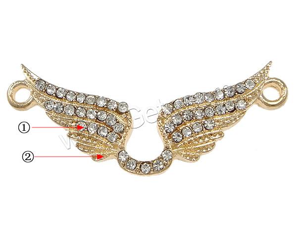 Rhinestone Zinc Alloy Connector, Wing Shape, plated, Customized & with rhinestone & 1/1 loop, more colors for choice, nickel, lead & cadmium free, 40x16x2mm, Hole:Approx 2mm, Sold By PC