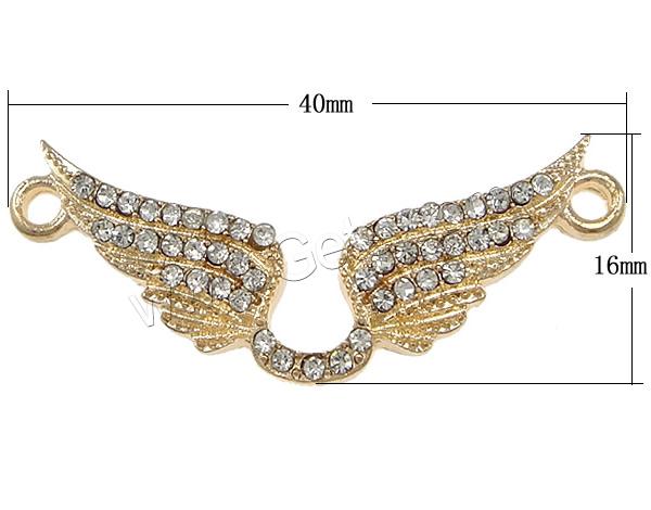 Rhinestone Zinc Alloy Connector, Wing Shape, plated, Customized & with rhinestone & 1/1 loop, more colors for choice, nickel, lead & cadmium free, 40x16x2mm, Hole:Approx 2mm, Sold By PC