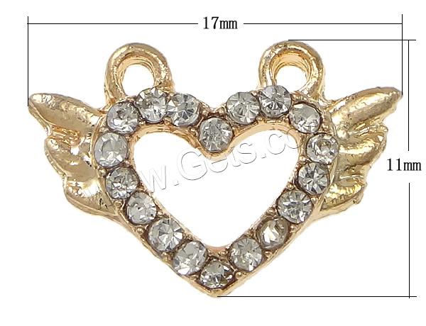 Rhinestone Zinc Alloy Connector, Winged Heart, plated, with rhinestone & 1/1 loop, more colors for choice, nickel, lead & cadmium free, 17x11x3mm, Hole:Approx 1.5mm, Sold By PC