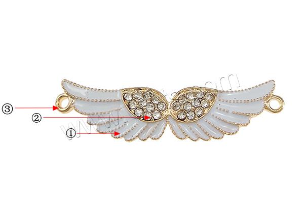 Enamel Zinc Alloy Connector, Wing Shape, plated, with rhinestone & 1/1 loop, more colors for choice, nickel, lead & cadmium free, 44x12x2mm, Hole:Approx 2mm, Sold By PC
