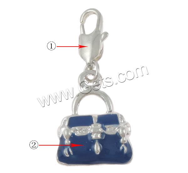 Zinc Alloy Lobster Clasp Charm, Handbag, plated, Customized & enamel, more colors for choice, 14x30x4.5mm, Hole:Approx 3x5mm, Sold By PC