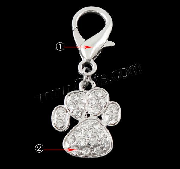 Zinc Alloy Lobster Clasp Charm, Claw, plated, Customized & with rhinestone, more colors for choice, 11x47x3mm, Hole:Approx 7x9mm, Sold By PC