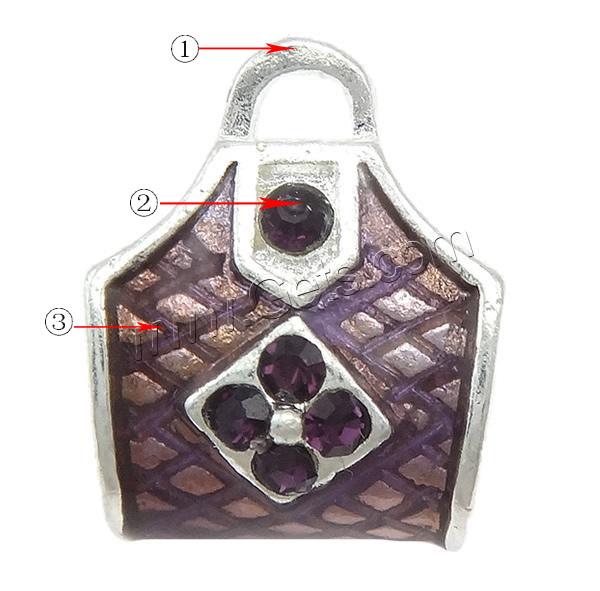 Rhinestone Zinc Alloy European Beads, Handbag, plated, Customized & without troll & enamel & with rhinestone, more colors for choice, 11x14x9mm, Hole:Approx 5mm, Sold By PC