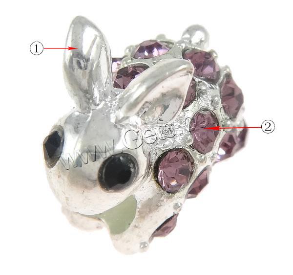 Rhinestone Zinc Alloy European Beads, Rabbit, plated, Customized & without troll & with rhinestone, more colors for choice, 10x15x16mm, Hole:Approx 5mm, Sold By PC