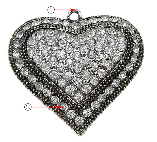 Zinc Alloy Heart Pendants, plated, with heart pattern & Customized & with rhinestone, more colors for choice, 50x48x14mm, Hole:Approx 3mm, Sold By PC