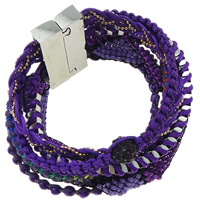Fashion Brazilian Hipanema Bracelet, Nylon Cord, with brass chain & Rhinestone Clay Pave Bead & Wax Cord & Glass Seed Beads, zinc alloy magnetic clasp, platinum color plated, multi-strand, purple, 48mm Approx 7.5 Inch 