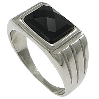 Men Stainless Steel Ring in Bulk, with Glass, Rectangle, faceted, black, 10mm, US Ring 