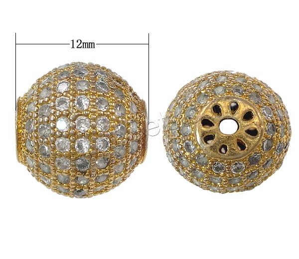 Cubic Zirconia Micro Pave Brass Beads, Round, plated, micro pave 129 pcs cubic zirconia, more colors for choice, 12mm, Hole:Approx 0.8mm, Sold By PC