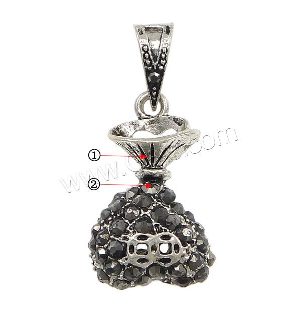 Zinc Alloy Money Bag Pendants, plated, Customized & with rhinestone & hollow, more colors for choice, nickel, lead & cadmium free, 13x23x8mm, Hole:Approx 4x7mm, Sold By PC