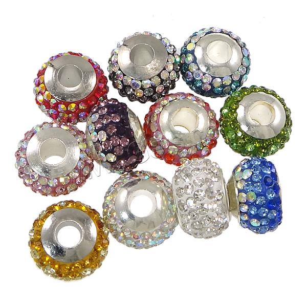Rhinestone European Beads, Zinc Alloy, with Rhinestone Clay Pave, Rondelle, plated, with 70 pcs rhinestone & Customized & zinc alloy single core without troll, more colors for choice, nickel, lead & cadmium free, 10x14.5mm, Hole:Approx 4.5mm, Sold By PC