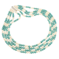 Türkis Süßwasser Perlen Halskette, Natürliche kultivierte Süßwasserperlen, mit Natürliche Türkis, Messing Schiebeverschluss, 4-Strang, blau, 5-6mm 6mm, Länge:17 ZollInch, verkauft von Strang