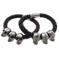 Men Bracelet, Cowhide, with 316 Stainless Steel, Skull, braided & with rhinestone & blacken 9mm Approx 8 Inch 