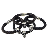 Men Bracelet, Cowhide, with 316L Stainless Steel, Skull, braided & with rhinestone & blacken 9mm Approx 8.2 Inch 