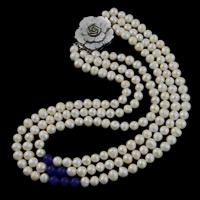 天然淡水真珠のネックレス, 天然有核フレッシュウォーターパール, とともに アメジスト, シェル ボックスの留め金, ラウンド形, 3連, ホワイト, 8-9mm,10mm, 長さ:17 インチ, 売り手 ストランド
