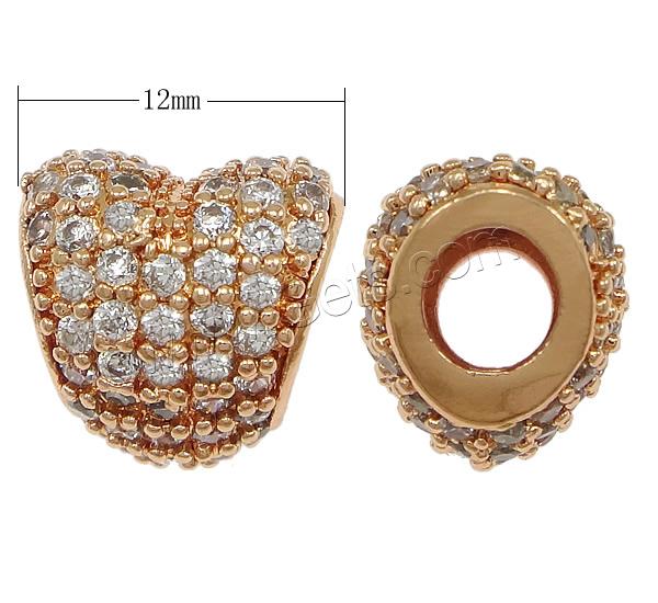Cubic Zirconia Micro Pave Brass European Bead, Heart, plated, micro pave cubic zirconia & without troll, more colors for choice, 12x12x10mm, Hole:Approx 5mm, Sold By PC