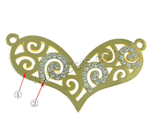 Hollow Zinc Alloy Connector, Heart, plated, Customized & with rhinestone & 1/1 loop, more colors for choice, nickel, lead & cadmium free, 36x19x2mm, Hole:Approx 1mm, Sold By PC