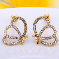 Zinc Alloy Rhinestone Stud Earring, with Cats Eye, Butterfly, real gold plated, with rhinestone, lead & cadmium free 
