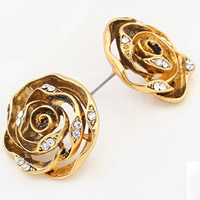 Zinc alliage strass Stud Earring, alliage de zinc, fleur, Plaqué de couleur d'or antique, avec strass, sans plomb et cadmium Vendu par paire