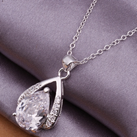 Brass Cubic Zirconia Necklace, Teardrop, real silver plated, oval chain & with cubic zirconia, lead & cadmium free Approx 18 Inch 