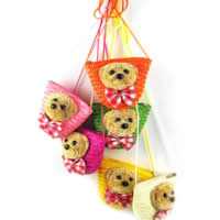 Straw Woven Crossbody Bag, with Plush & Nylon Cord, Bear, mixed colors 