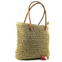 Straw Woven Tote, with Cloth & PU Leather, Rectangle, beige 