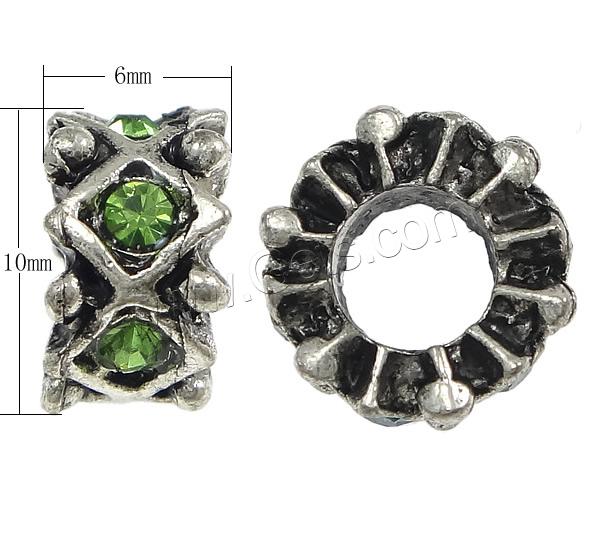 Rhinestone Zinc Alloy European Beads, Rondelle, plated, without troll & with rhinestone, more colors for choice, nickel, lead & cadmium free, 6x10mm, Hole:Approx 5mm, Sold By PC