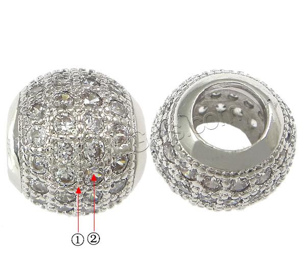 Cubic Zirconia Micro Pave Brass European Bead, Drum, plated, micro pave cubic zirconia & without troll, more colors for choice, 10x11mm, Hole:Approx 5mm, Sold By PC