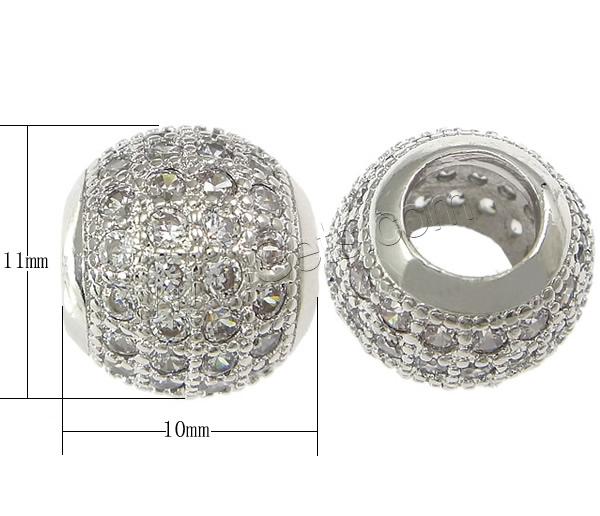 Cubic Zirconia Micro Pave Brass European Bead, Drum, plated, micro pave cubic zirconia & without troll, more colors for choice, 10x11mm, Hole:Approx 5mm, Sold By PC