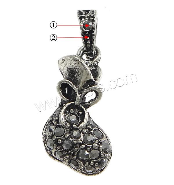 Zinc Alloy Money Bag Pendants, plated, with rhinestone & hollow, more colors for choice, nickel, lead & cadmium free, 12x23x6mm, Hole:Approx 4x6mm, Sold By PC