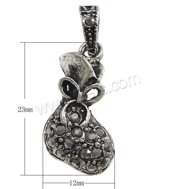Zinc Alloy Money Bag Pendants, plated, with rhinestone & hollow, more colors for choice, nickel, lead & cadmium free, 12x23x6mm, Hole:Approx 4x6mm, Sold By PC