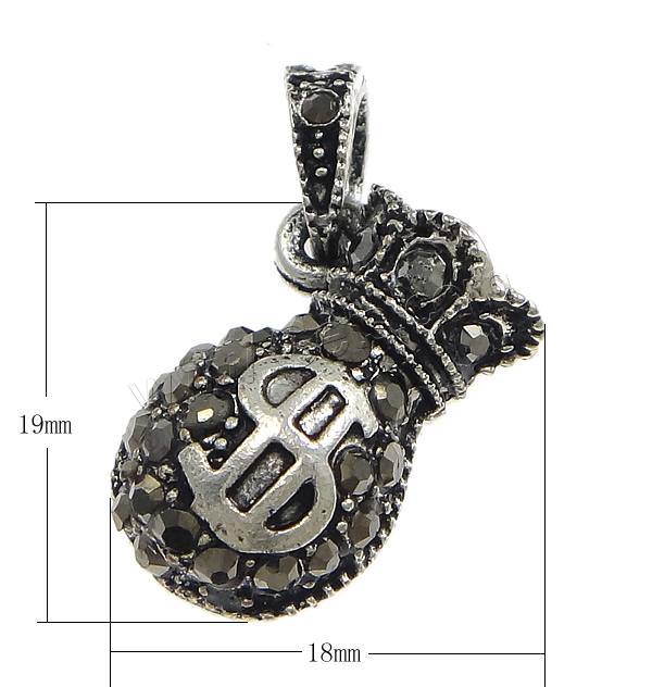 Zinc Alloy Money Bag Pendants, plated, with rhinestone & hollow, more colors for choice, nickel, lead & cadmium free, 18x19x10mm, Hole:Approx 4x6mm, Sold By PC