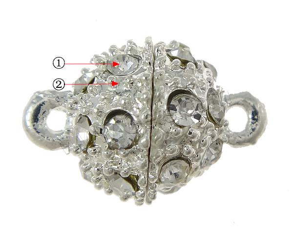 Zinc Alloy Magnetic Clasp, Round, plated, with rhinestone & single-strand, more colors for choice, nickel, lead & cadmium free, 15.5x10.5mm, Hole:Approx 1.5mm, Sold By PC