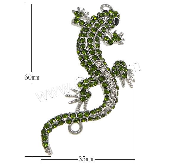 Animal Zinc Alloy Connector, Gecko, plated, with rhinestone & 1/1 loop, more colors for choice, nickel, lead & cadmium free, 35x60x4mm, Hole:Approx 2.5mm, Sold By PC
