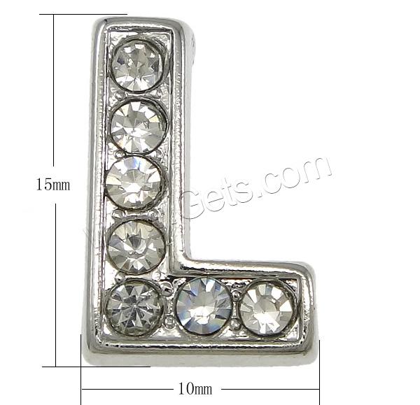 Zinc Alloy Letter Slide Charm, plated, different styles for choice & with rhinestone, more colors for choice, nickel, lead & cadmium free, 10x15x5mm, Hole:Approx 11x2mm, Sold By PC