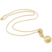 Natural Akoya Cultured Pearl Necklace, Akoya Cultured Pearls, with 18K Gold, Round, byzantine chain & with cubic zirconia, gold, 16-17mm Approx 19 Inch 