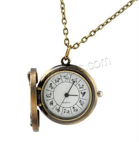 Watch Necklace, Zinc Alloy, with Organic Glass, Flat Round, antique bronze color plated, oval chain & different styles for choice, lead & cadmium free, 30mm, Length:Approx 31.5 Inch, Sold By Strand