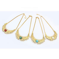 Fashion Statement Necklace, Zinc Alloy, with Resin, with 2inch extender chain, Leaf, antique gold color plated, twist oval chain & with rhinestone, mixed colors, lead & cadmium free, 35mm Approx 20.5 Inch 