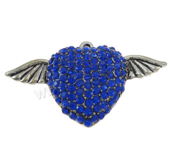 Zinc Alloy Heart Pendants, Winged Heart, plated, Customized & with rhinestone & hollow, more colors for choice, nickel, lead & cadmium free, 59x33x12mm, Hole:Approx 3mm, Sold By PC