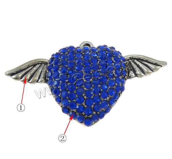 Zinc Alloy Heart Pendants, Winged Heart, plated, Customized & with rhinestone & hollow, more colors for choice, nickel, lead & cadmium free, 59x33x12mm, Hole:Approx 3mm, Sold By PC