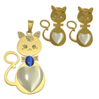 Rhinestone stainless steel Jewelry Set, 304 Stainless Steel, pendant & earring, with Cats Eye, Cat, plated, with rhinestone Approx 