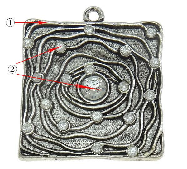 Zinc Alloy Rhinestone Pendants, Square, plated, Customized & with rhinestone, more colors for choice, nickel, lead & cadmium free, 46x40x5mm, Hole:Approx 3mm, Sold By PC